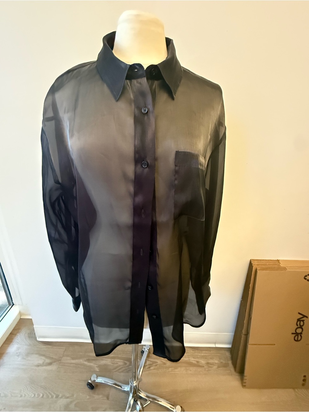 Reformation Sheer Long Sleeve Button-Up Shirt - Black